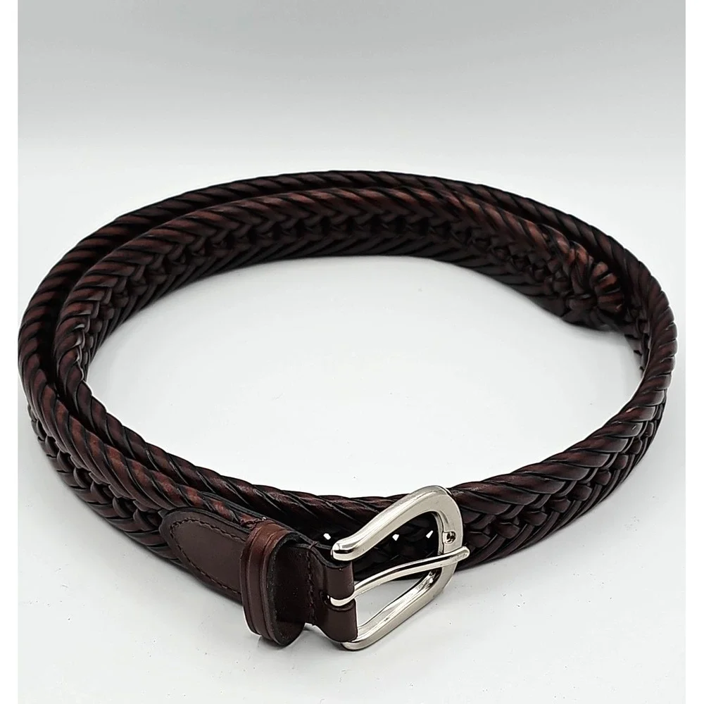 Braided Genuine Leather Belt Brown Silver Buckle Adjustable up 48